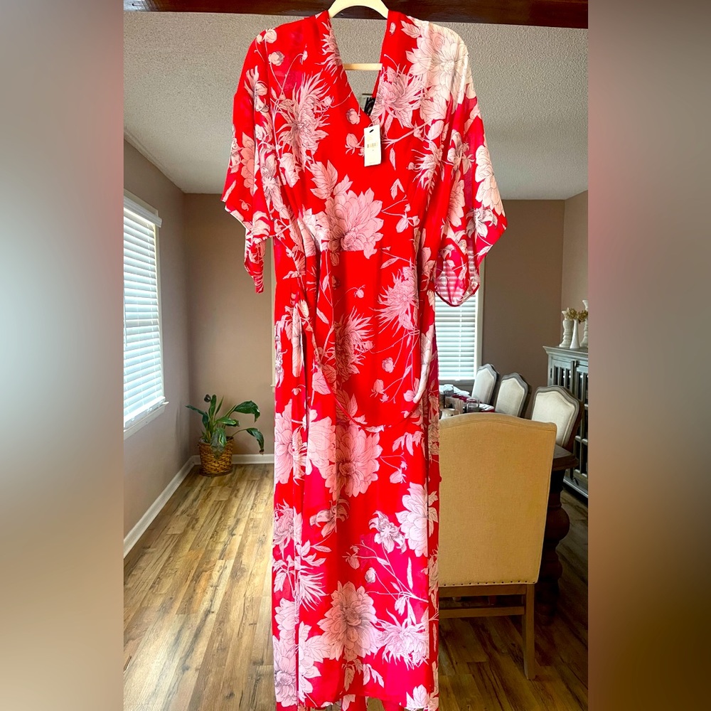 Pink & White Floral Maxi, Kimono Sleeve, Boho dress by LB! Size 28 NEW with Tags